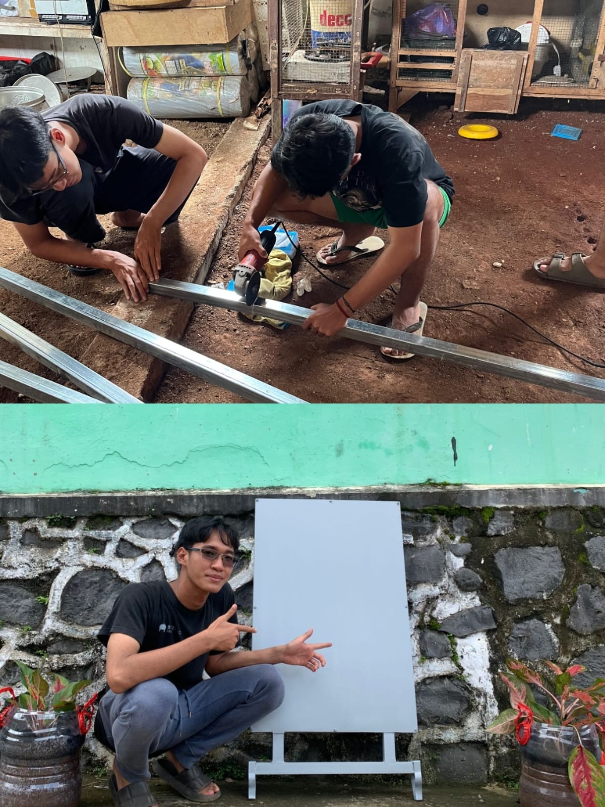 Mahasiswa KKN Undip Tim 1 Sub-tim 65 Berhasil Pasang Plang Penunjuk Arah Jalan Guna Mempermudah Warga Dan Pengunjung Sebagai Alat Navigasi Proses pembuatan rangka plang penunjuk arah jalan